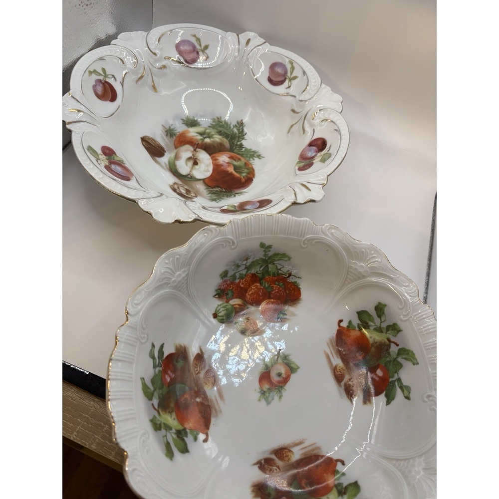 Set of 2 Vintage Porcelain Fruit Serving Bowls Embossed Gold Rim Apples Pears